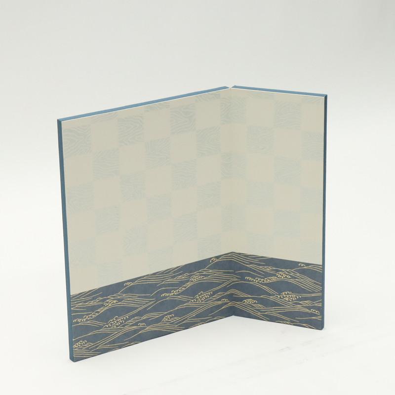アウトレット品 インテリア 屏風単品 38×29 市松・紺波 片袖二曲屏風 25a-ya-0127の画像