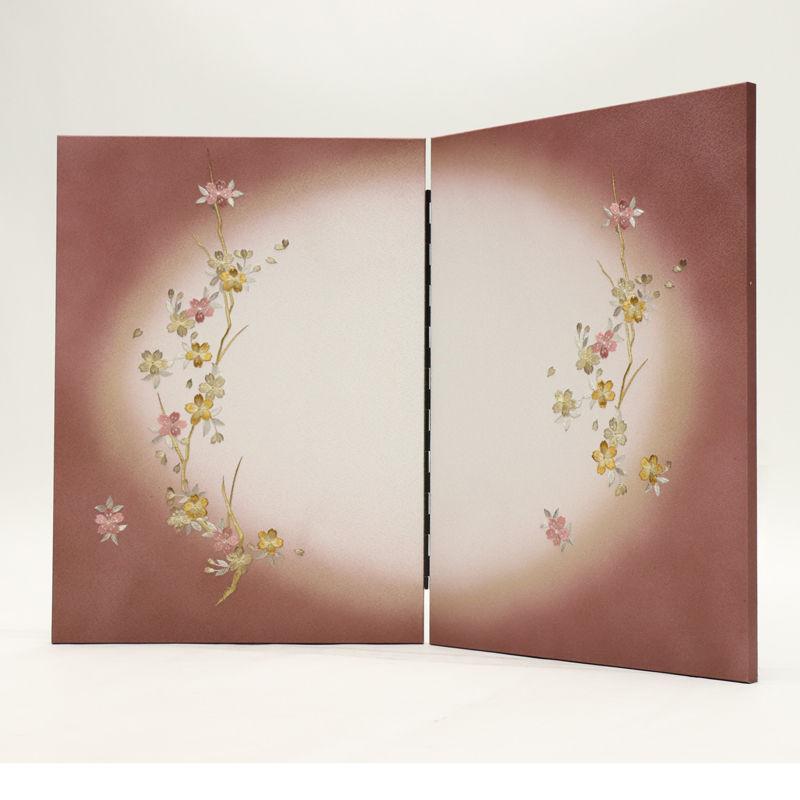 桜の花の押し花屏風　二曲 アウトレット品 インテリア 屏風単品 16号 桜刺繍P紫ぼかし 二曲屏風