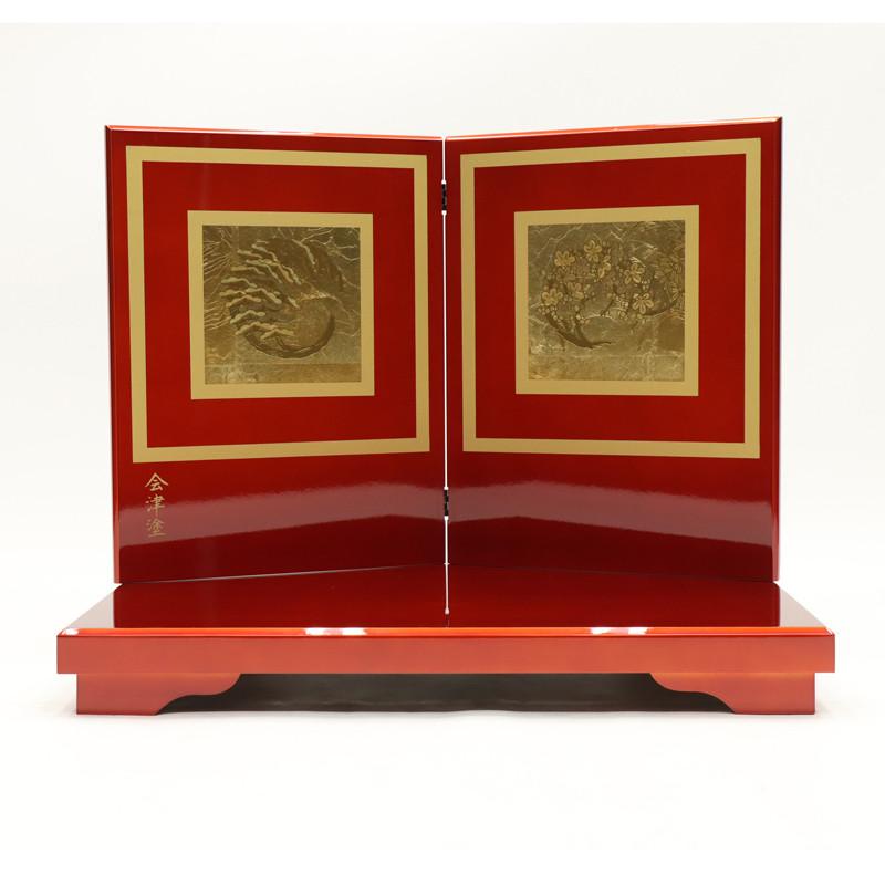 紅色塗り高級台屏風 アウトレット品 インテリア 台屏風セット 70×1-16 会津塗り 春慶箔押し