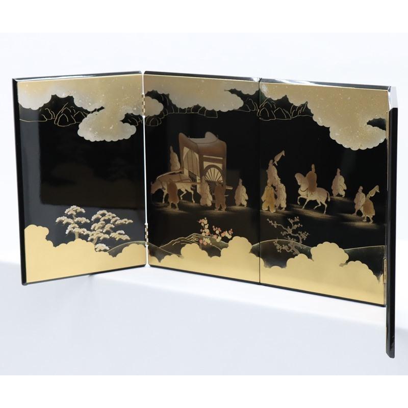 アウトレット品 屏風単品 四曲屏風 33cm 黒塗り 平安絵巻 レトロ アートスタンド 26a-ya-0828の画像