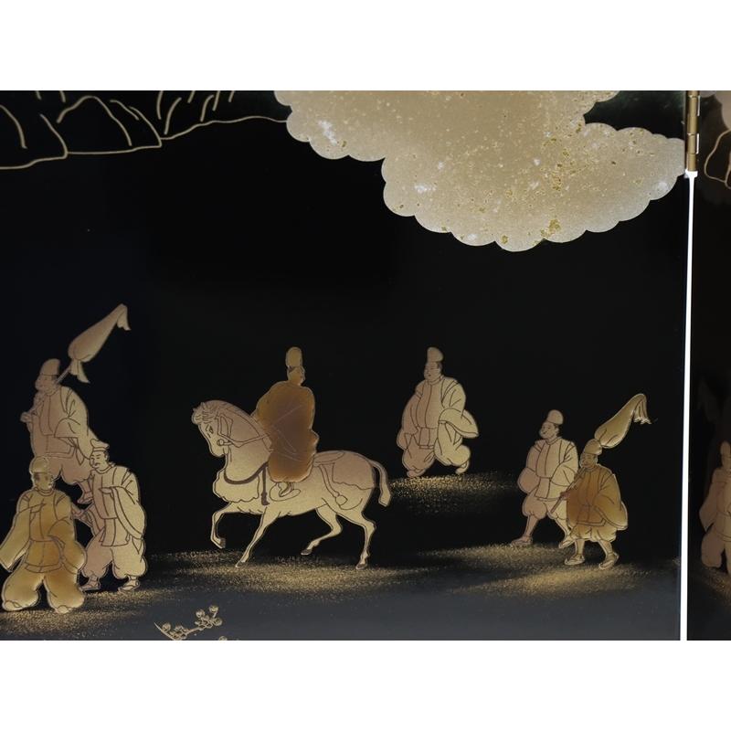 アウトレット品 屏風単品 四曲屏風 33cm 黒塗り 平安絵巻 レトロ アートスタンド 26a-ya-0828の画像