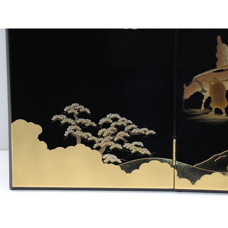 アウトレット品 屏風単品 四曲屏風 33cm 黒塗り 平安絵巻 レトロ アートスタンド 26a-ya-0828の画像