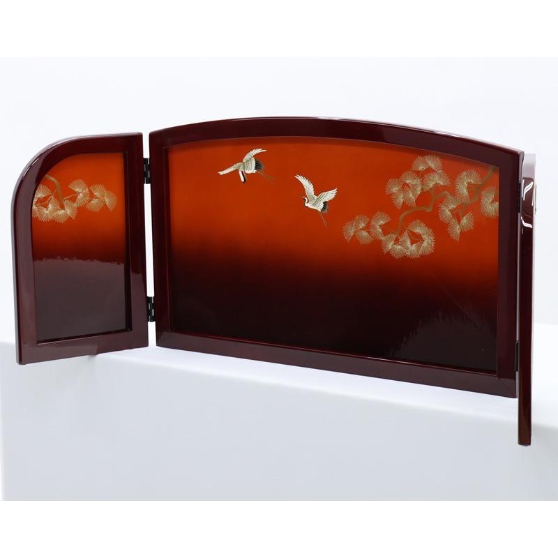 アウトレット品 屏風単品 三曲屏風 33cm 赤茶色枠 松鶴 レトロ アートスタンド 26a-ya-0875の画像