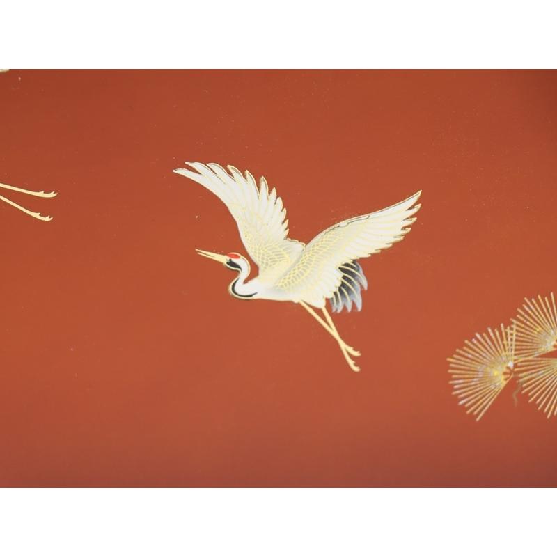 アウトレット品 屏風単品 三曲屏風 33cm 赤茶色枠 松鶴 レトロ アートスタンド 26a-ya-0875の画像