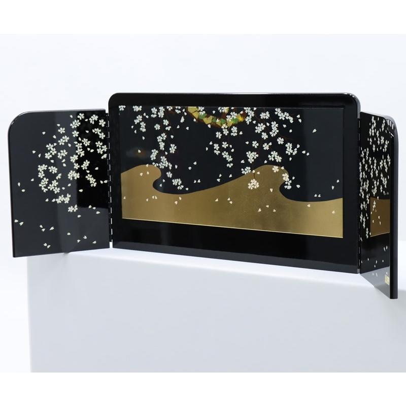 アウトレット品 屏風単品 三曲屏風 12号 黒塗り 桜 レトロ アートスタンド 26a-ya-0882の画像