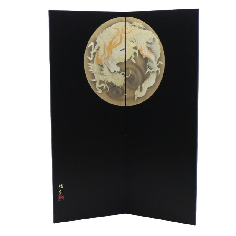 アウトレット品 屏風単品 二曲屏風 4尺 黒シルク 天空の龍 レトロ