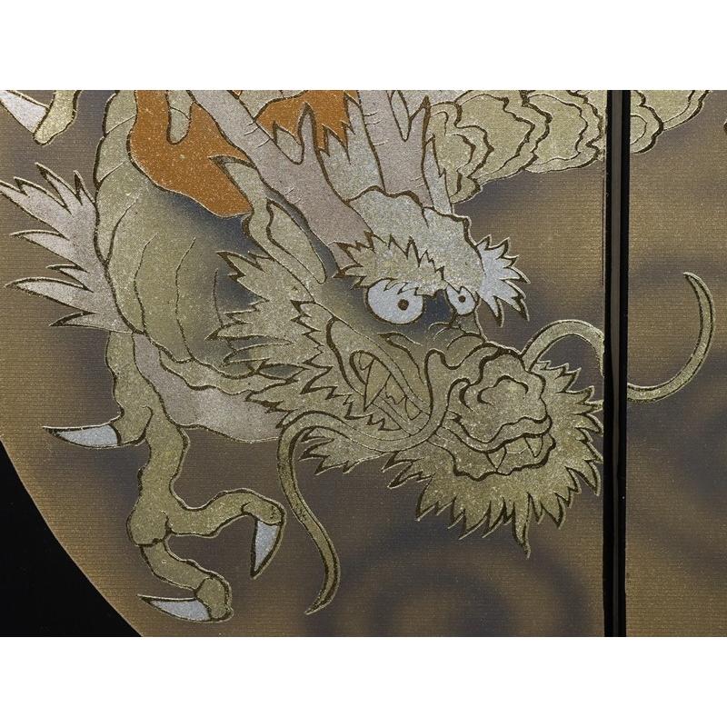 雅龍garo原画・【年輪城】訳あり品価格 アウトレット品 屏風単品 二曲屏風 4尺 黒シルク 天空の龍 レトロ