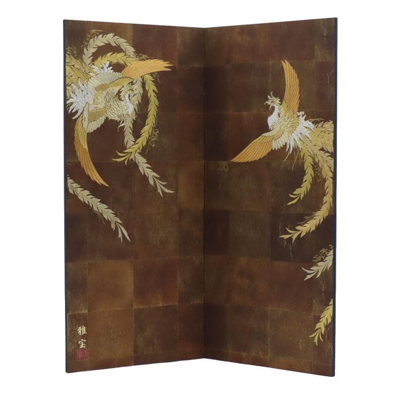 アウトレット品 屏風単品 二曲屏風 90cm 赤貝紙 鳳凰 レトロ アート