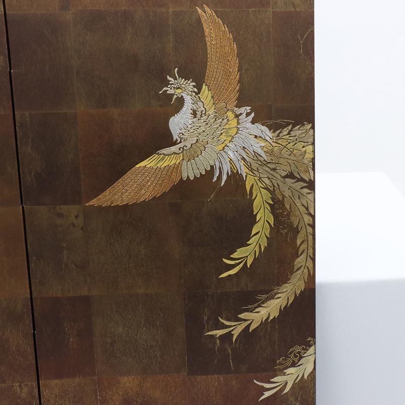 アウトレット品 屏風単品 二曲屏風 90cm 赤貝紙 鳳凰 レトロ アート