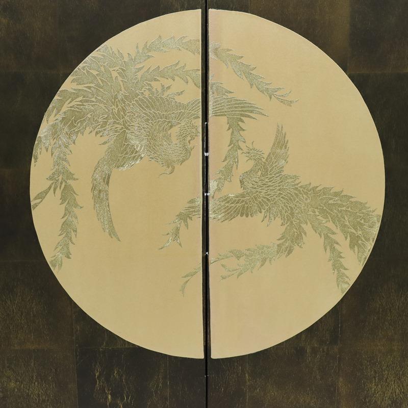 アウトレット品 屏風単品 二曲屏風 90cm 黒貝紙 鳳凰 レトロ アート