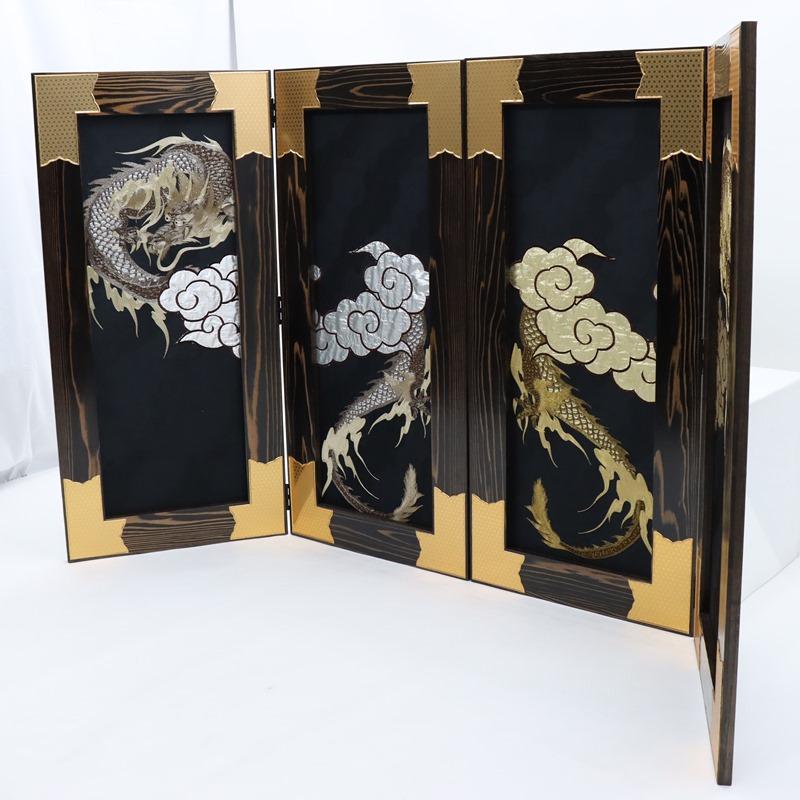 アウトレット品 屏風単品 二曲一双屏風 35号 ブラック 金龍銀龍 レトロ