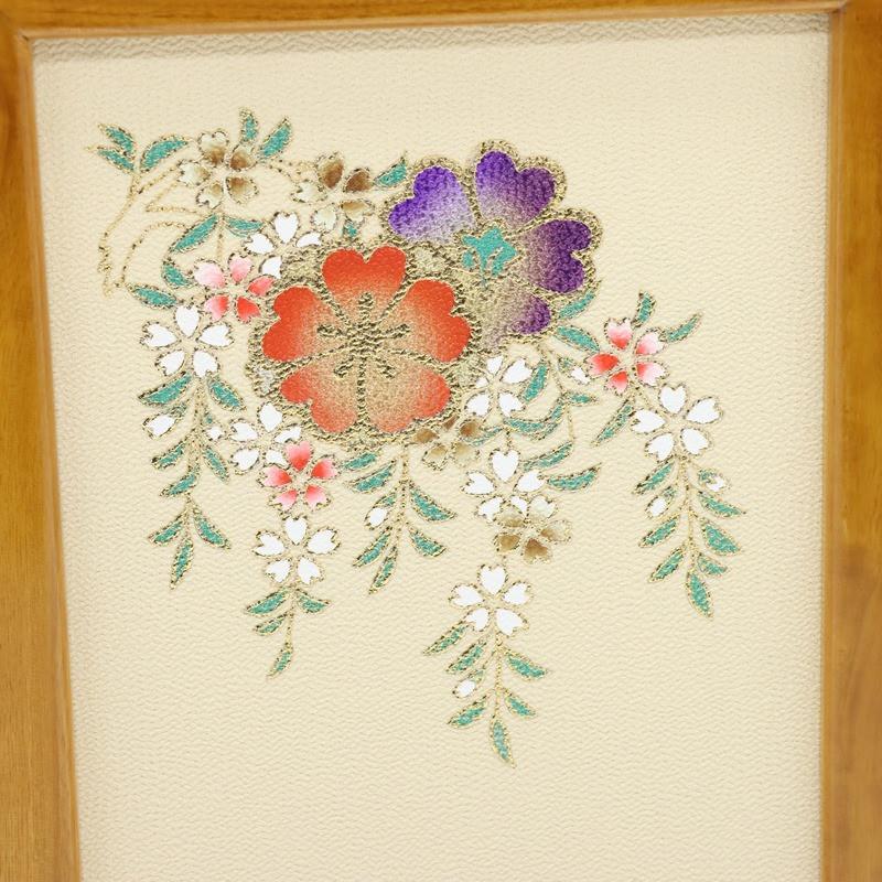 屏風　15号刺繍屛風　花丸柄 アウトレット品 屏風単品 三曲屏風 15号 クリーム色 岩に桜 レトロ
