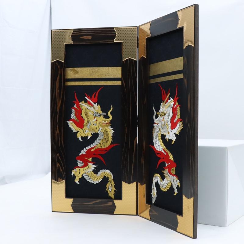 ☆昭和レトロ　龍の飾り台☆ アウトレット品 屏風単品 二曲屏風 35号 ブラック 刺繍龍 レトロ