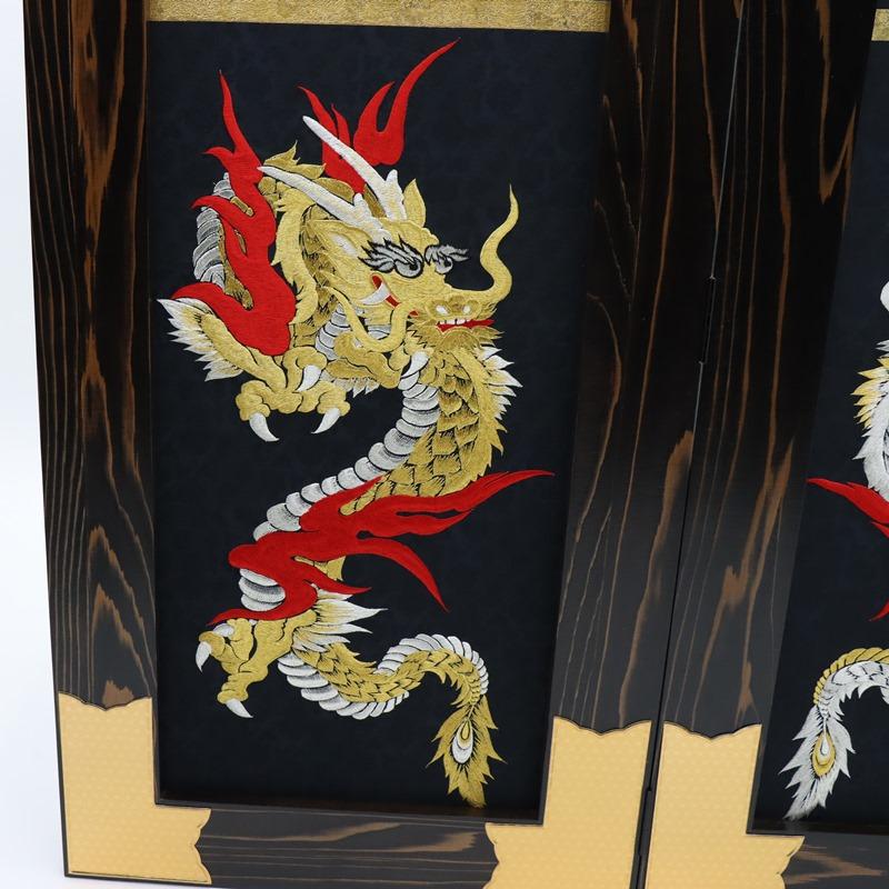 アウトレット品 屏風単品 二曲屏風 35号 ブラック 刺繍龍 レトロ