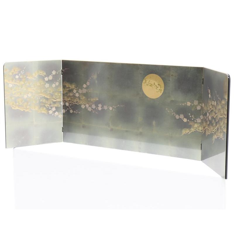 アウトレット品 屏風単品 三曲屏風 13号 青貝箔 月に松と梅 レトロ アートスタンド 26a-ya-0984_1