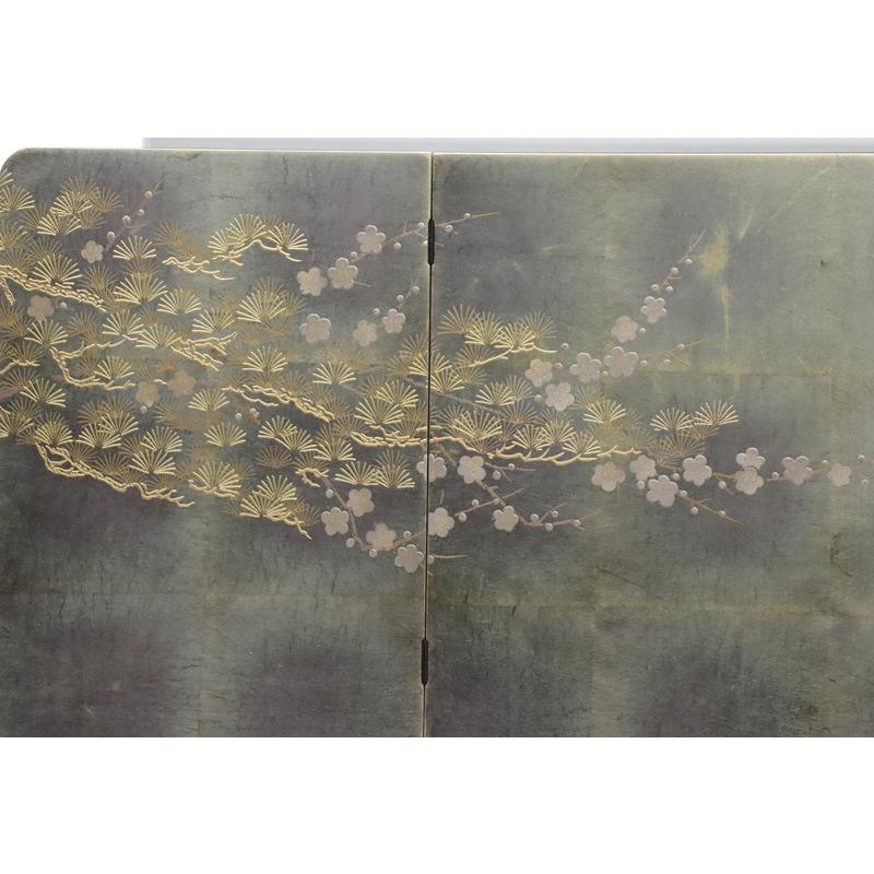 アウトレット品 屏風単品 三曲屏風 13号 青貝箔 月に松と梅 レトロ アートスタンド 26a-ya-0984_4