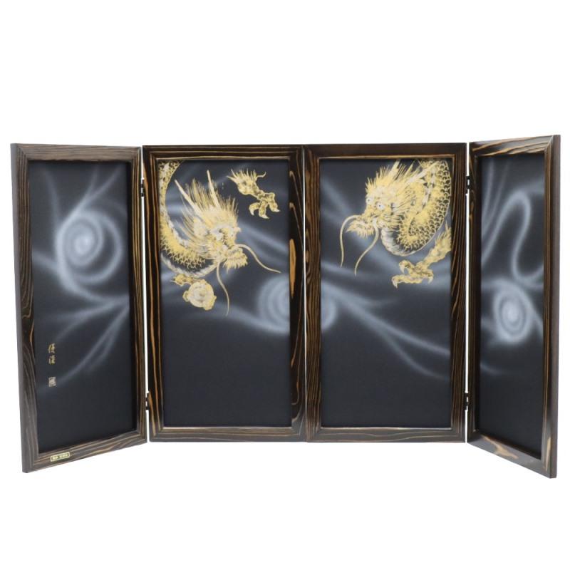 金箔の双龍の屏風２５号　わかさや人形店閉店処分品全品9割引き アウトレット品 屏風単品 二曲一双屏風 25号 ブラック 手描き龍 レトロ