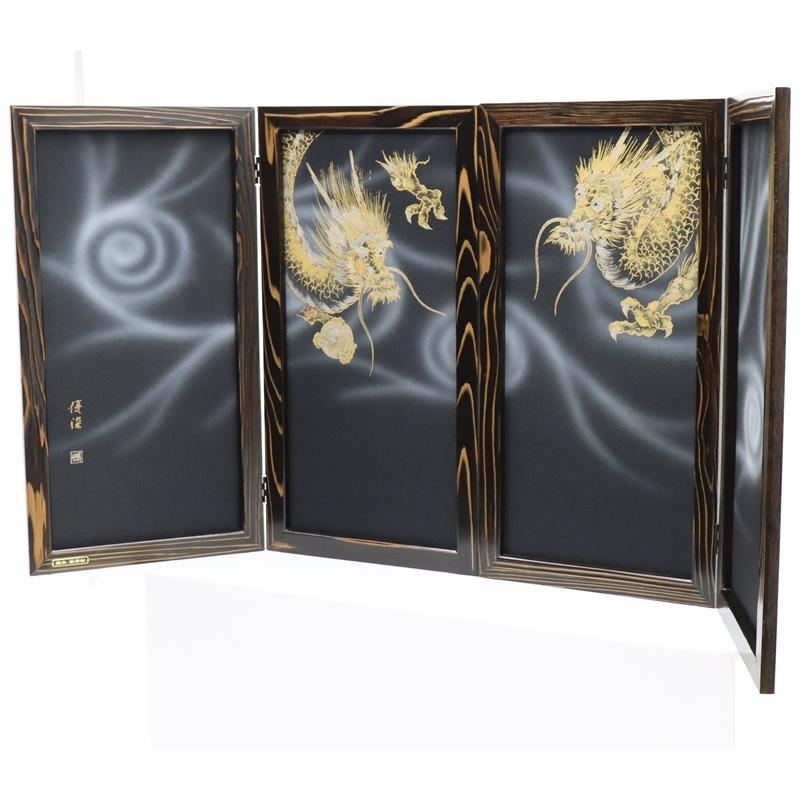 アウトレット品 屏風単品 二曲一双屏風 25号 ブラック 手描き龍 レトロ
