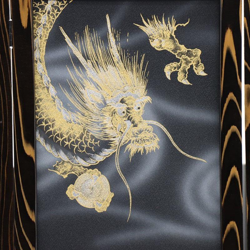 アウトレット品 屏風単品 二曲一双屏風 25号 ブラック 手描き龍 レトロ