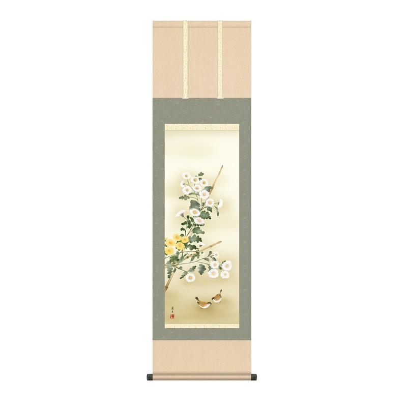 掛軸 花鳥画 秋掛け キクの花 尺三 吉井蘭月 [KZ2MA4-144](代引っ張ること不可) 掛け軸-美術、工芸品