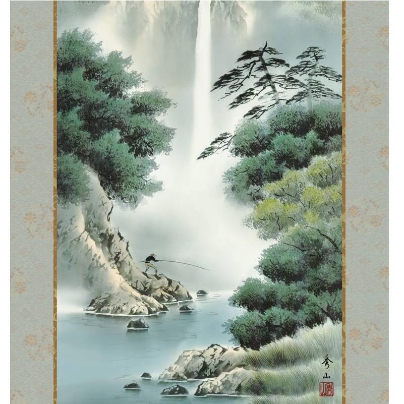 掛軸 年中飾り山水画 彩色山水 幽山渓谷 尺五 鈴村秀山 [KZ2B1-N049