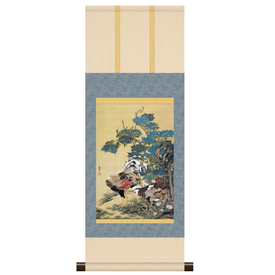 本格ミニ掛軸 日本の名画 伊藤若冲 紫陽花双鶏図 KM3R1-039 : さくら