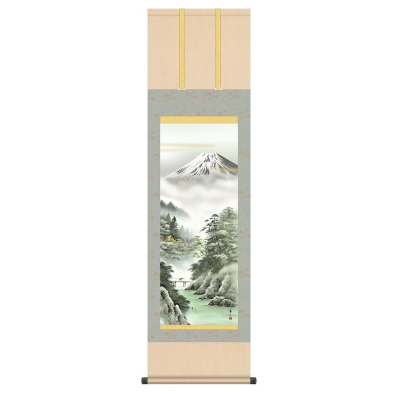 掛軸 日本画 景色画 鈴村秀山 有り明け方富士 れいめいふじ 尺三 KZ3MB3-107 (代引っ張ること不可) 楽器、手芸、コレクション-掛け軸