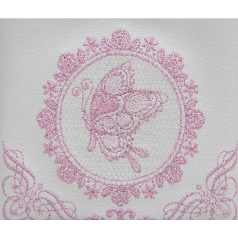 名前旗 蝶々 白合皮 ピンクラメ糸刺繍文字 （小） スタンド付き