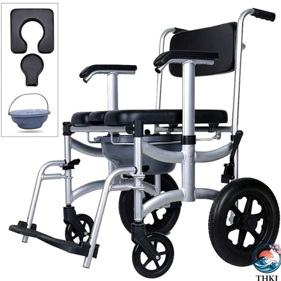 介護用 入浴用車いす 折りたたみ 車椅子 シャワー用車いす THKJ ブレーキ トイレ付き 取り外し可能 ポータブル 昇降アーム ソフト背もたれ 使いやすい_1