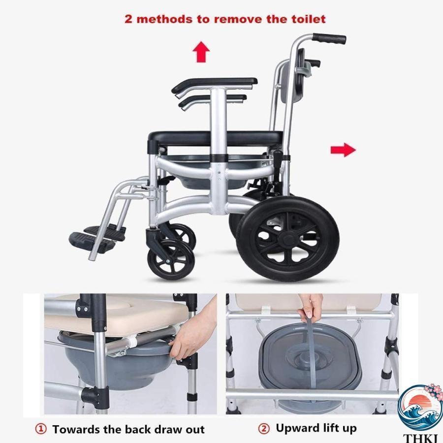 介護用 入浴用車いす 折りたたみ 車椅子 シャワー用車いす THKJ ブレーキ トイレ付き 取り外し可能 ポータブル 昇降アーム ソフト背もたれ 使いやすい_5