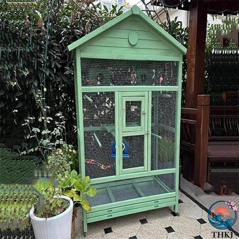 屋外 木製 鳥かご トリカゴ セキセイインコ THKJ 鳥籠 大型 防風カバー 取り外し可能な底トレイ サイレントユニバーサルキャスター付き 使いやすい おすすめの画像