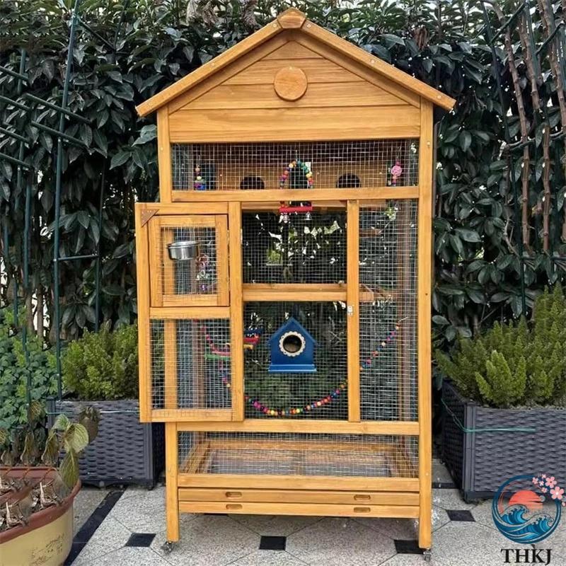 屋外 木製 鳥かご トリカゴ セキセイインコ THKJ 鳥籠 大型 防風カバー 取り外し可能な底トレイ サイレントユニバーサルキャスター付き 使いやすい おすすめの画像
