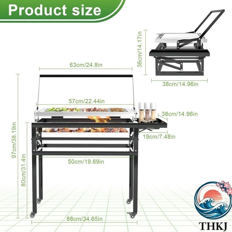 バーベキューコンロ bbq 焚き火台 大型 10人用 火力調節可能 THKJ 360度回転可能な調理グリッド 取り外し可能なトレイ 調節可能なスチールラ 使いやすいの画像