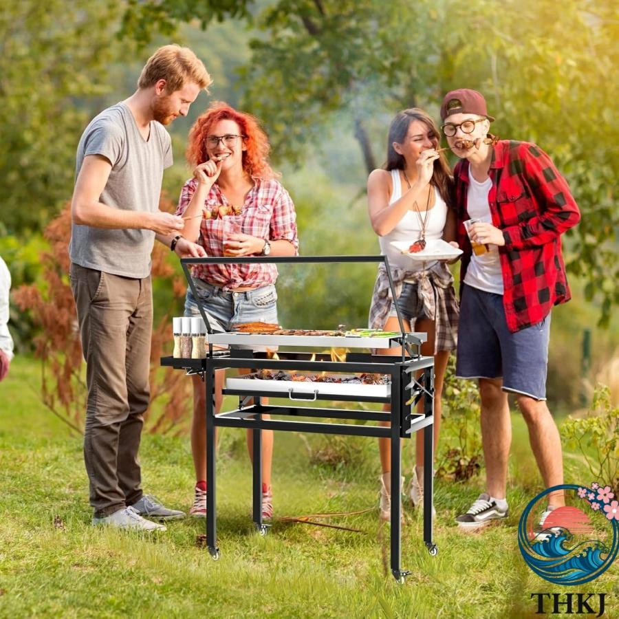 バーベキューコンロ bbq 焚き火台 大型 10人用 火力調節可能 THKJ 360度回転可能な調理グリッド 取り外し可能なトレイ 調節可能なスチールラ 使いやすいの画像