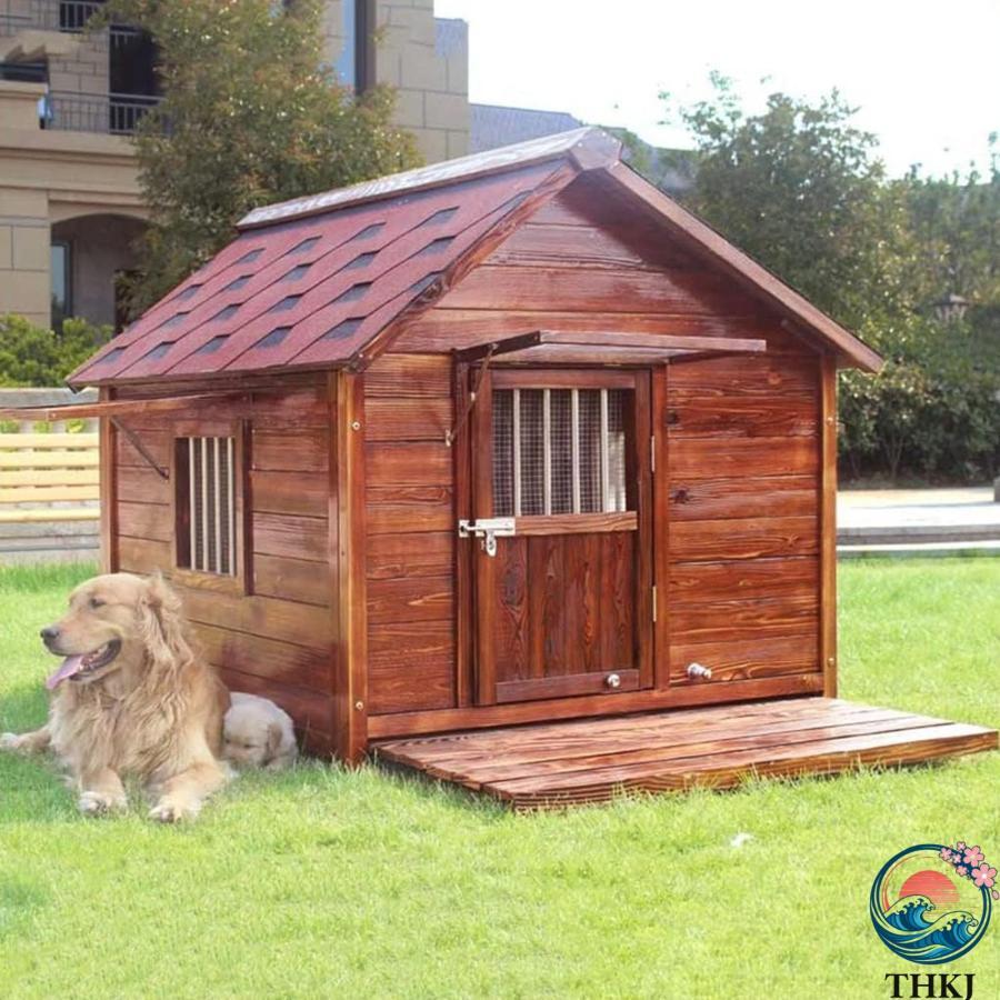犬小屋 屋外用 木製 犬舎 中型犬 超大型犬 屋根 ドア付き THKJ 大型屋外犬小屋 犬用ハウス 通気性 暖かい 全天候型 日焼け対策 防風 雨除け 使いやすいの画像