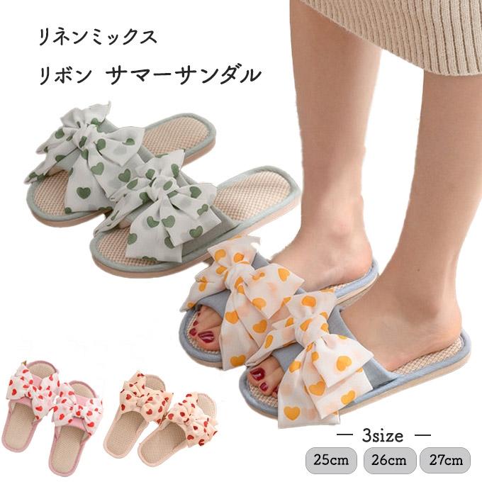 麻スリッパ サマーサンダル フラットサンダル ハート リボン