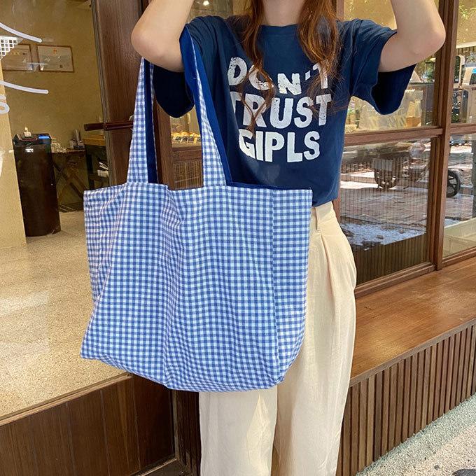 ギンガム 大容量 リバーシブル トートバッグ 無地 キャンバス 綿