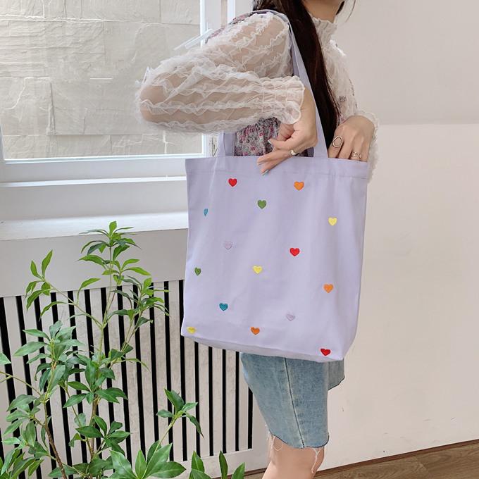 ハート トートバック 刺繍 薄手 帆布 綿 6カラー ショルダーバック