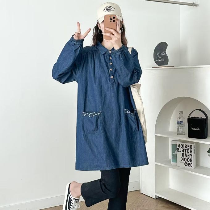 デニム チュニック レディース ワンピース 蝶々 別布 花ボタン デニム 