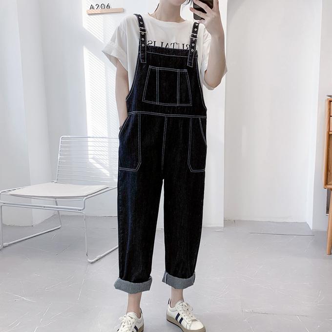 ブラック デニム サロペット レディース 5ポケット オーバーオール