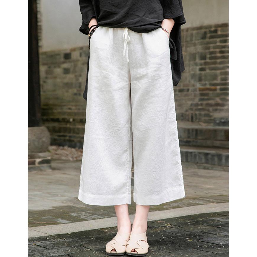 綿麻 ワイド ストレート クロップド パンツ レディース 春 夏 7分丈 8