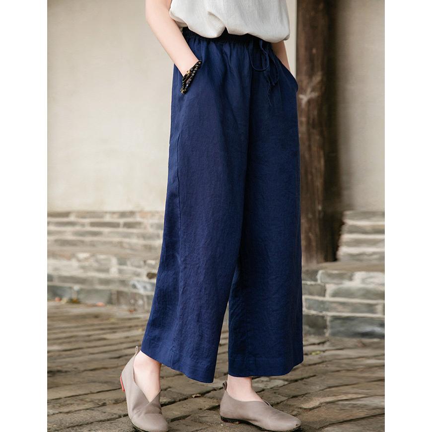 麻パンツ レディース ワイド ストレート クロップド パンツ 春 夏 7分
