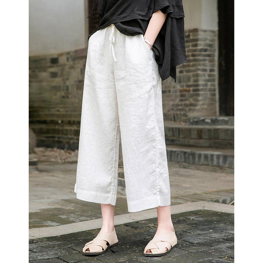 麻パンツ レディース ワイド ストレート クロップド パンツ 春 夏 7分