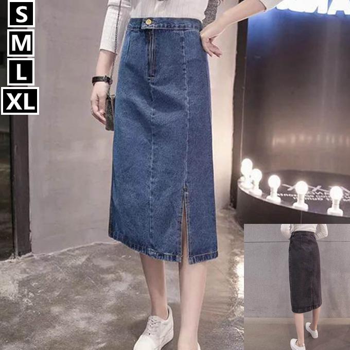レディース デニム タイト スカート スリムシルエット 膝丈 膝下 台形