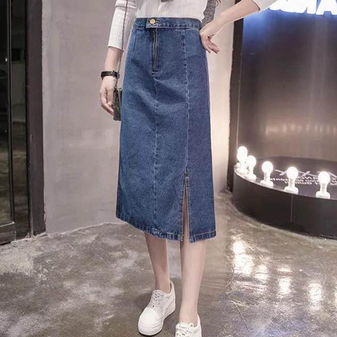 レディース デニム タイト スカート スリムシルエット 膝丈 膝下 台形