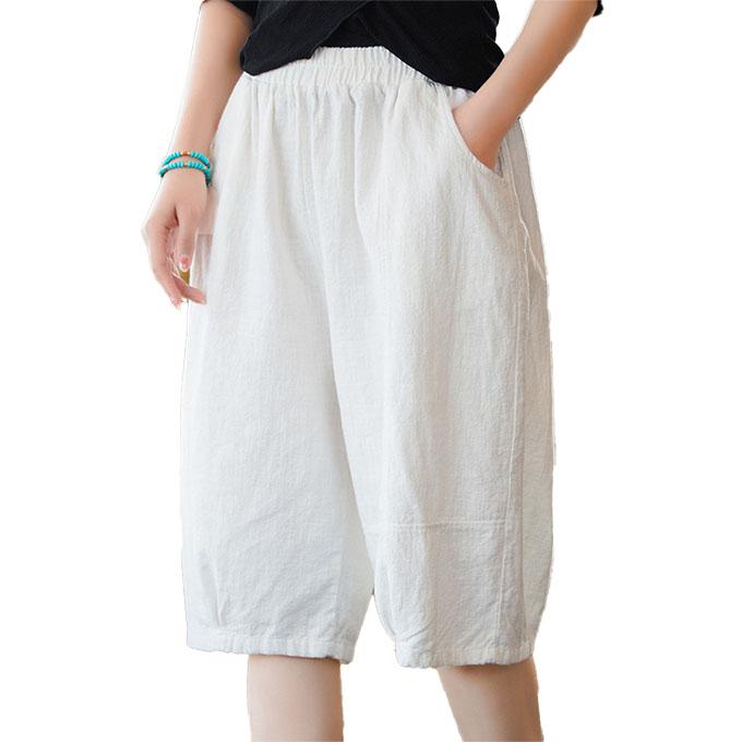 麻パンツ レディース春 夏ハーフパンツ ラミー麻60% 綿 ワイドパンツ 5