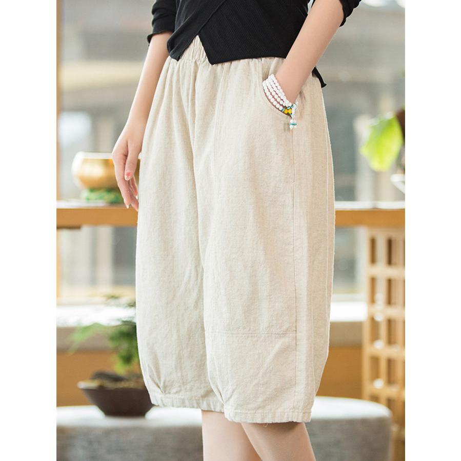 麻パンツ レディース春 夏ハーフパンツ ラミー麻60% 綿 ワイドパンツ 5