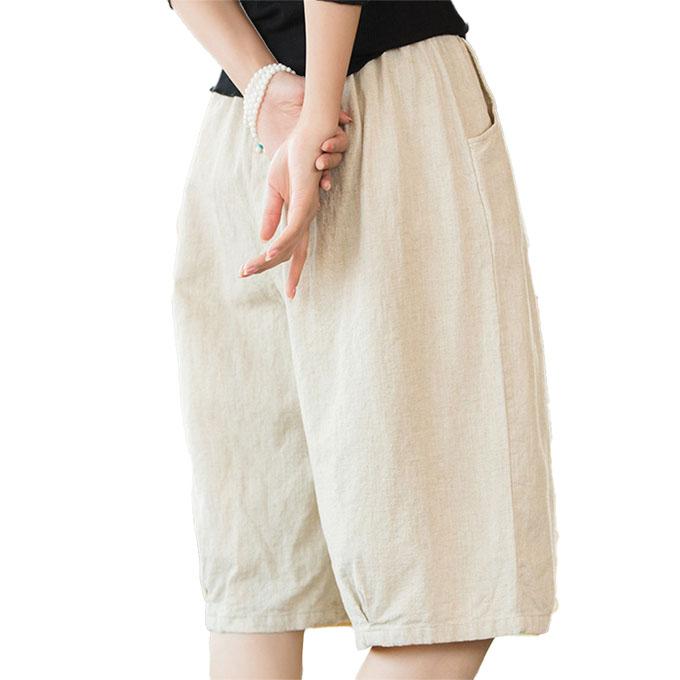 麻パンツ レディース春 夏ハーフパンツ ラミー麻60% 綿 ワイドパンツ 5