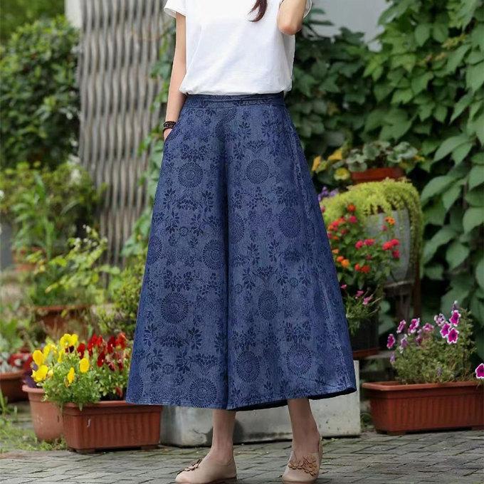 デニム スカーチョ レディース ワイドパンツ 薄手デニム 春 夏 秋 7分