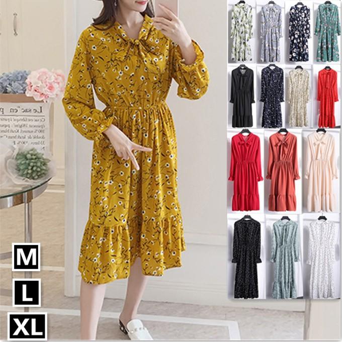 フラワーワンピ ドットワンピ 小花ワンピ 花柄ワンピース 水玉ワンピ ボウタイ シフォン 無地 シャーリング 袖口 春ワンピ 夏ワンピ ロング フレアー 小花柄 体 L151b Sakura ファッション 通販 Yahoo ショッピング